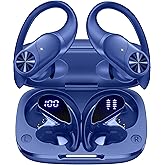 PocBuds Bluetooth Headphones Wireless Earbuds 80hrs Playtime Wireless Charging Case Digital Display Sports Ear Buds with Earhook Deep Bass IPX7 Waterproof Over-Ear Earphones for TV Phone Laptop Navy