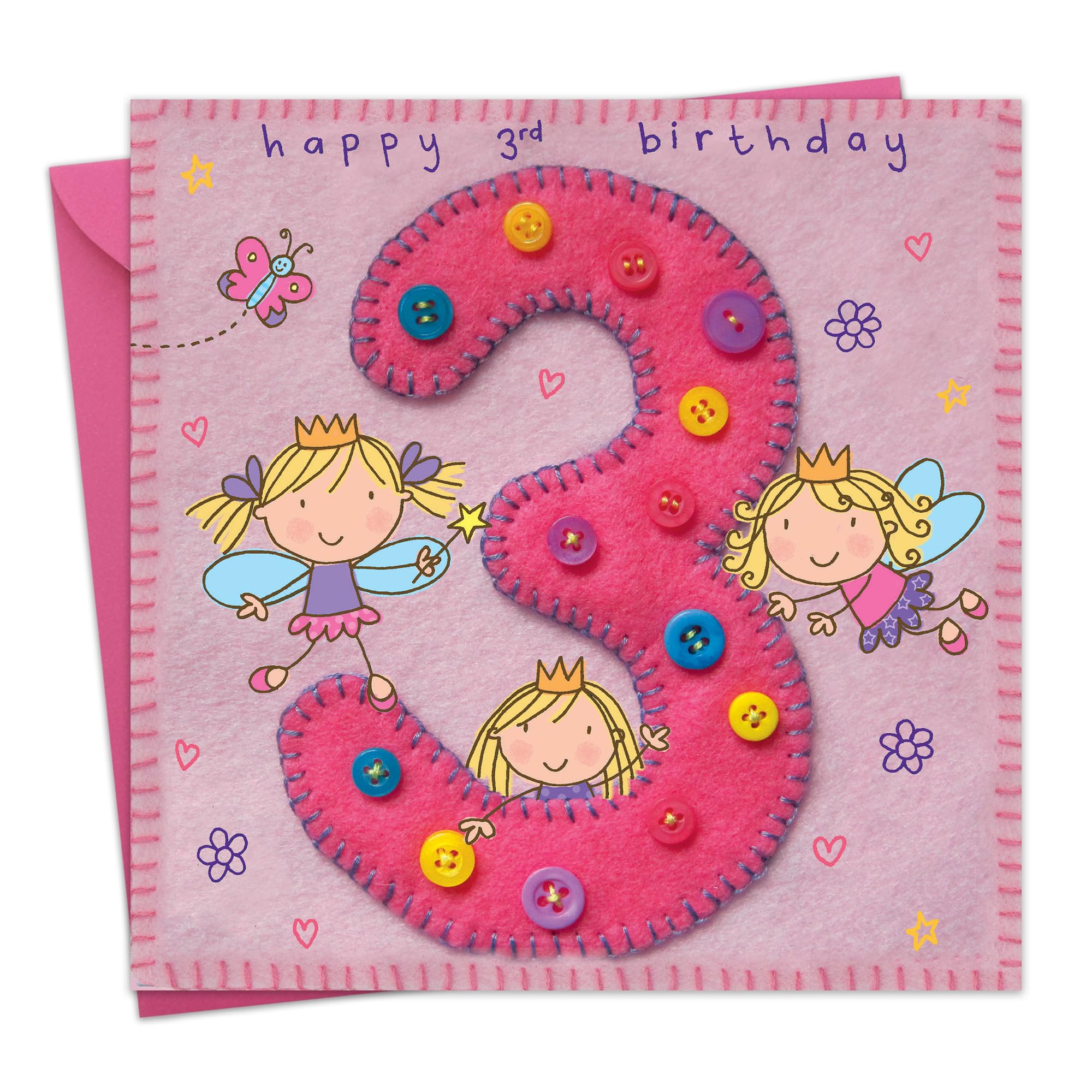 Twizler 3rd Birthday Card for Girl with Fairy Princess and Butterfly - Girls Age 3 Year Old Childrens Happy Birthday Card