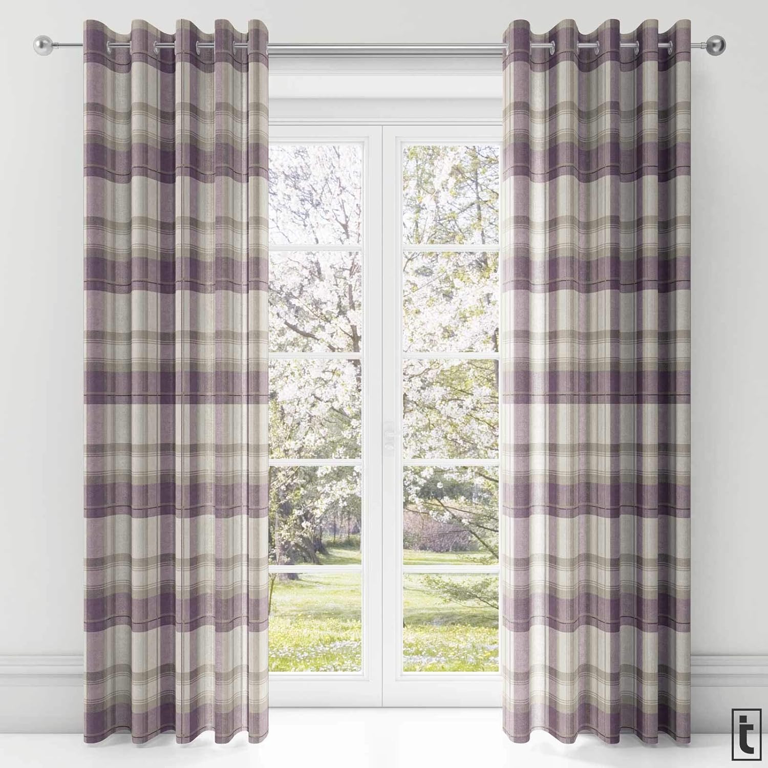 Ideal Textiles Purple Cream Lined Eyelet Curtains Balmoral Check