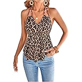 SweatyRocks Women's Leopard Print Halter Peplum Top V Neck Asymmetrical Ruffle Hem Cami Tops