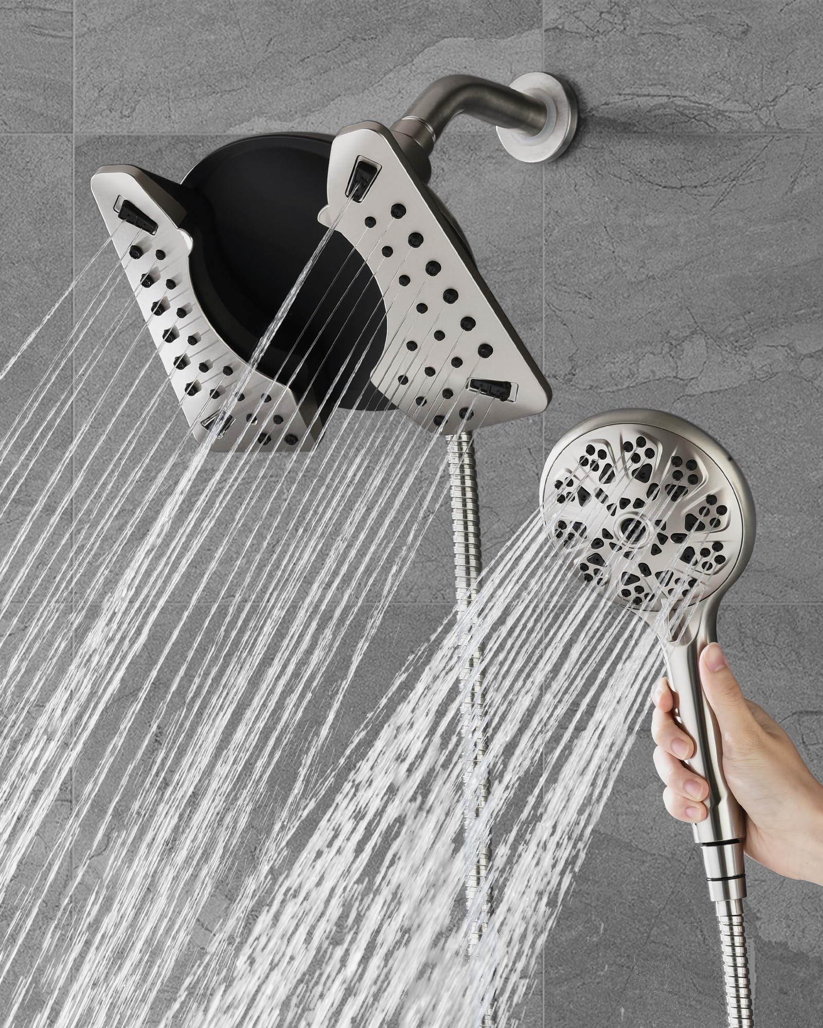 INAVAMZ 2.5GPM Shower Heads with Handheld Spray Combo: 7.5 Inch Rainfall Shower Head & 10 Spray Settings Detachable Shower Head, Adjustable Dual Showerhead with Hose, Nickel Image