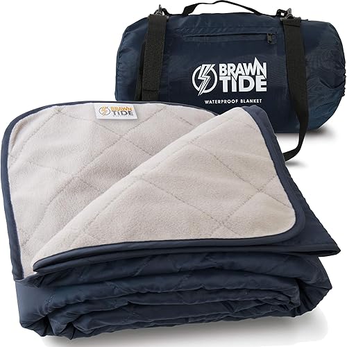 Brawntide Large Outdoor Waterproof Blanket - Thick Fleece, Warm, Windproof, Sandproof, Stuff Sack, Shoulder Strap, Ideal Stadium Blanket, Camping Blanket, Beach Blanket, Picnic Blanket (Navy Blue)