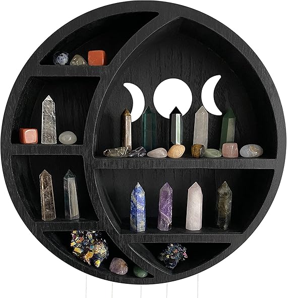 Black Cresent Moon Shelf Crystal Shelf Display for Stones, Essential Oils & Whichy Decor