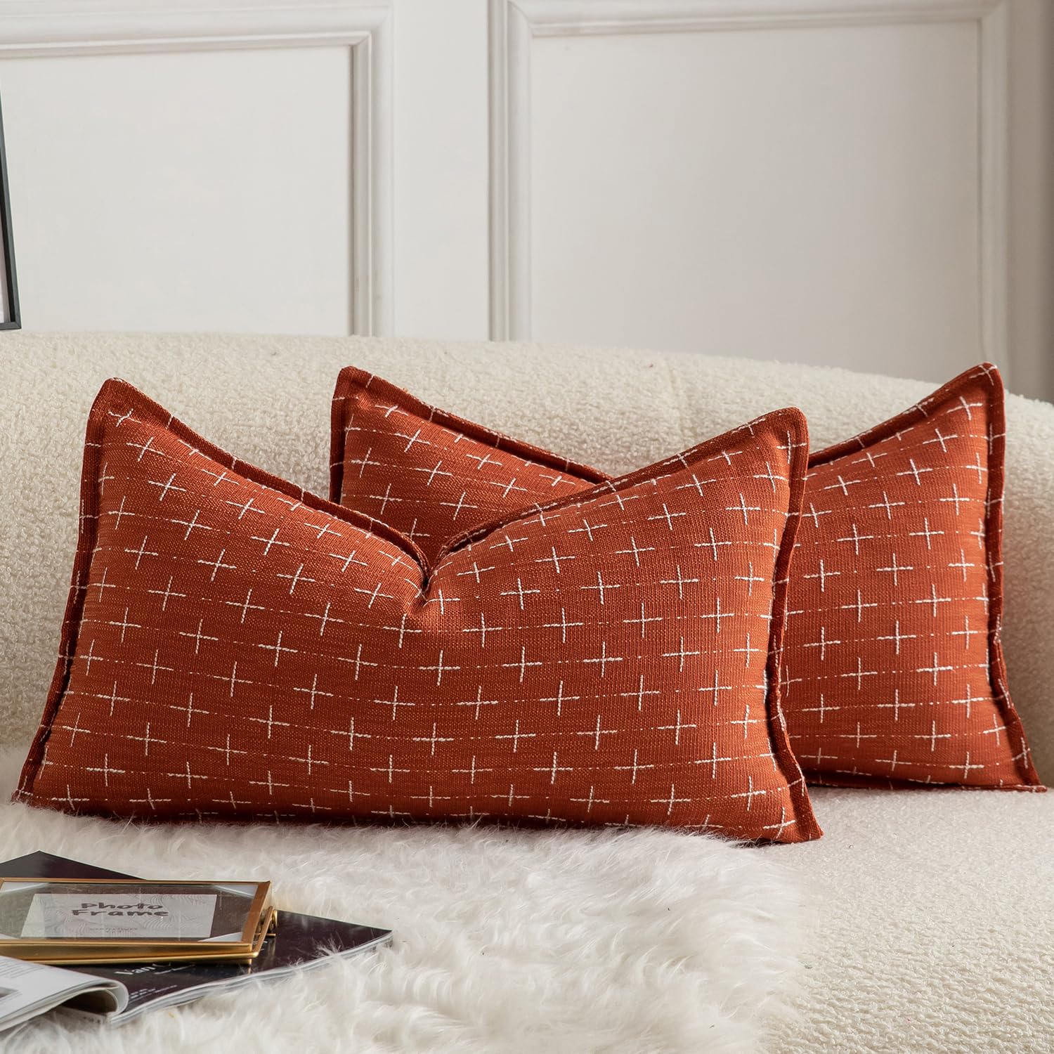 Mandioo Pack of 2 Burlap Linen Cushion Covers Woven Textured Modern Farmhouse Throw Pillow Cases Decorative Couch Sofa Bed Living Room 12 x 20 Inch 30x50 cm Burnt Orange