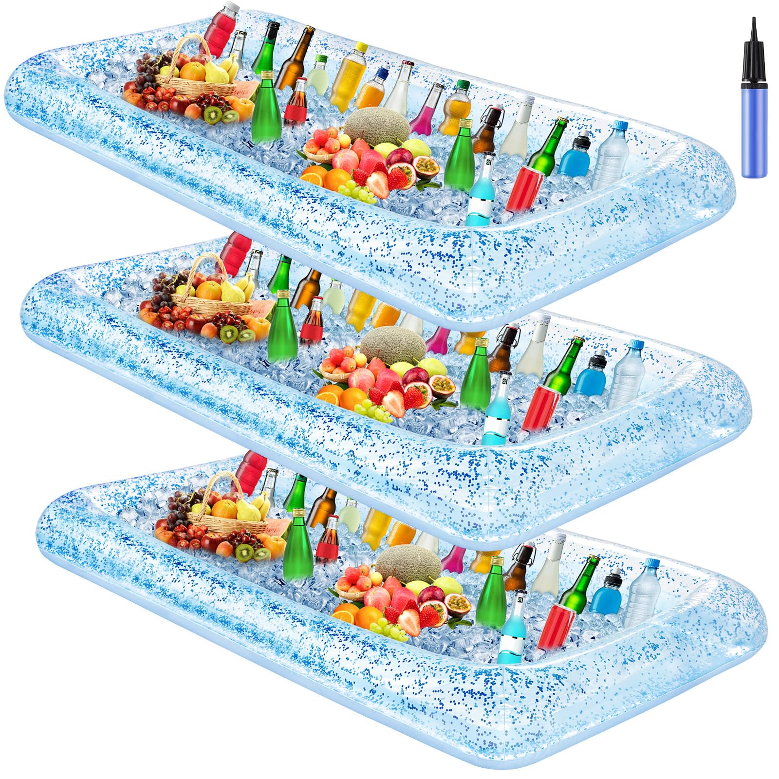 Photo 1 of Leitee 3 Pcs Inflatable Serving Bar 52 x 24 x 5'' Ice Buffet Serving Tray Drink Cooler with Drain Plug Inflatable Pool Bar for Party Food Drink Holders with a Hand Pump(Glitter Blue)