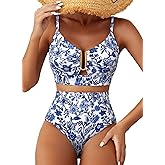 Herseas Womens 2 Piece High Waisted U Wire Bikini Set Floral Print Swimsuit Crisscross Back Bathing Suit Beach Swimwear