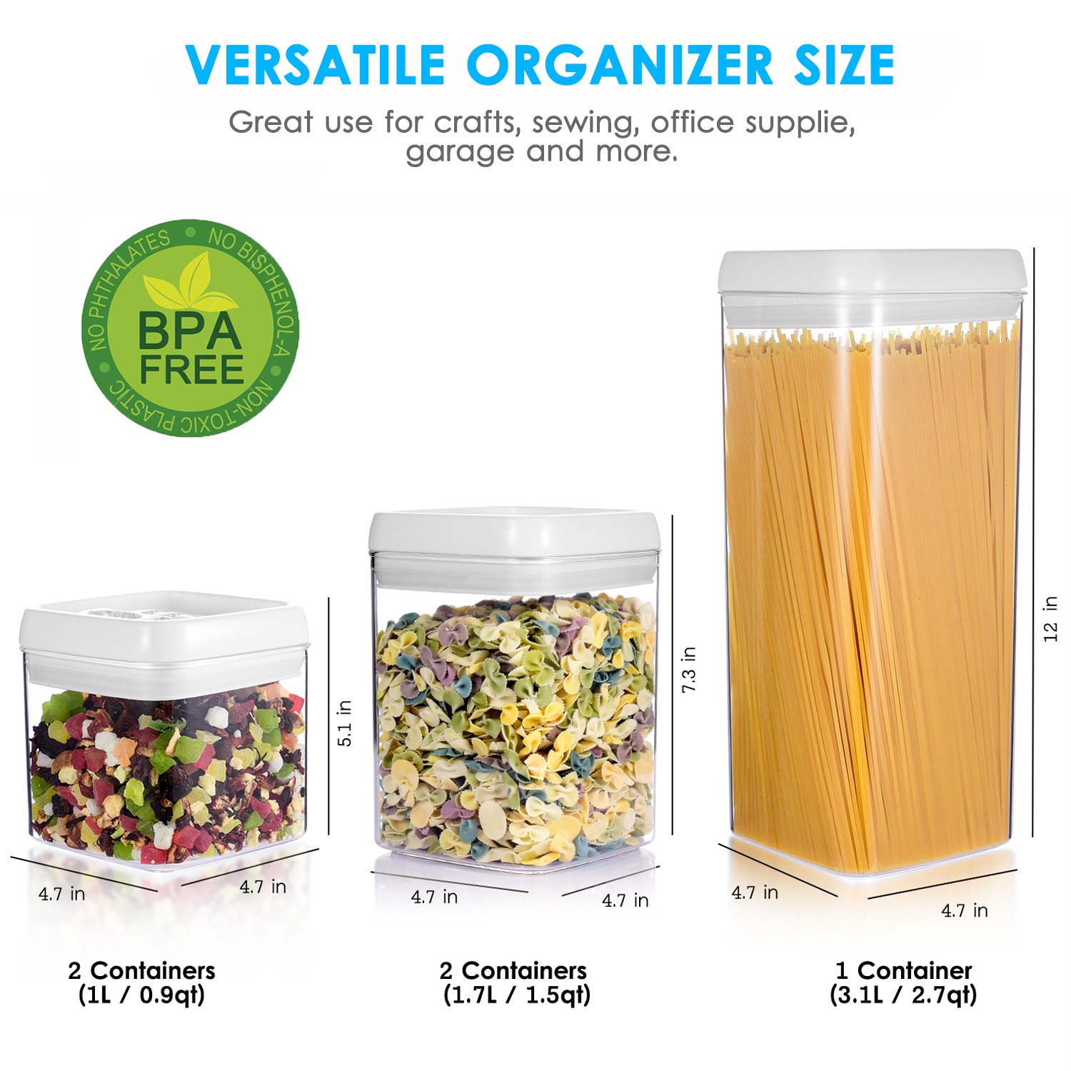 ME.FAN Large Air-Tight Food Storage Container Set [5-Piece Set] - Pantry Durable Seal Pot - Cereal Storage Containers - For Dry Foods & Liquids - BPA Free - Clear Containers with White Lids