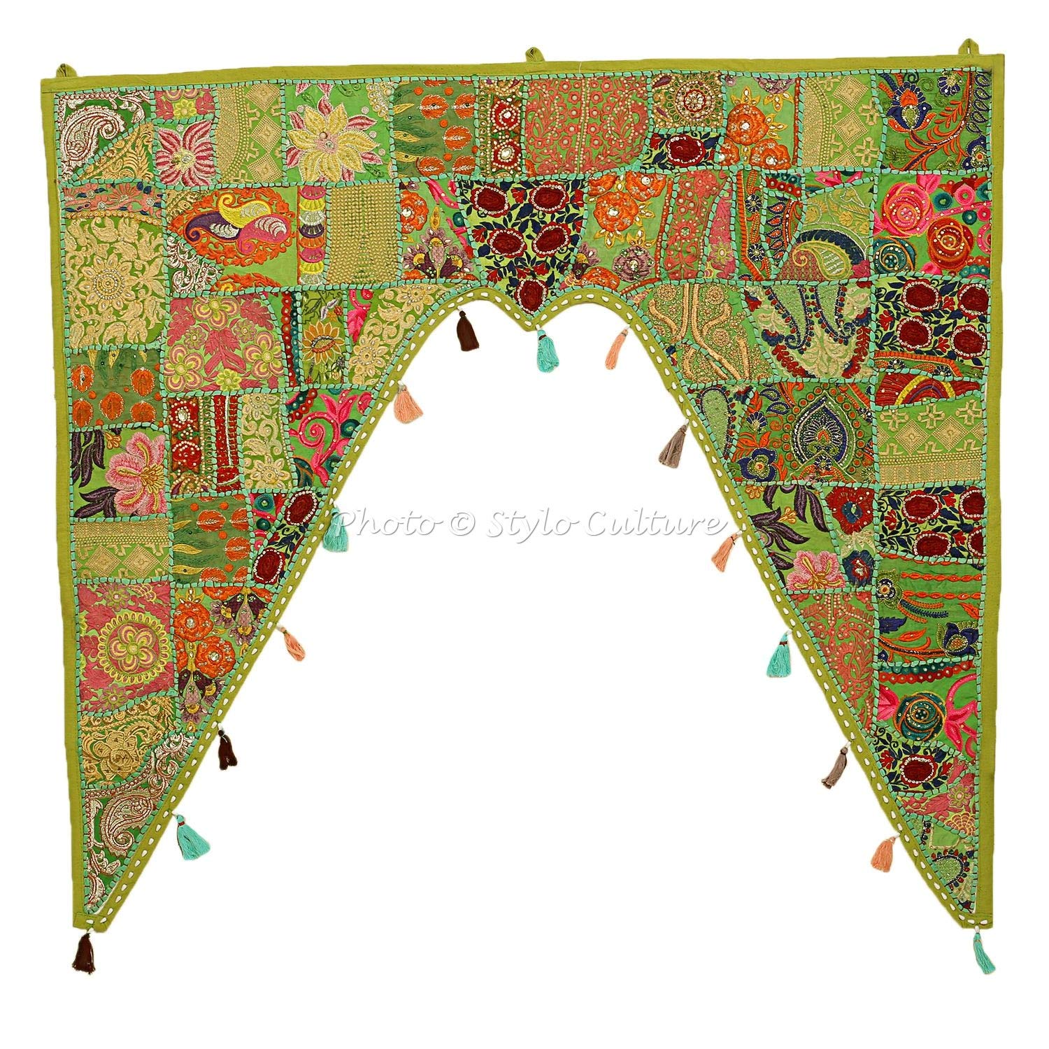 Stylo Culture Decorative Cotton Swag Curtain Large Door Valance Kids Parrot Green Vintage Embroidered Patchwork Floral Scarf Curtain Topper Bedroom Window Covering Hanging Toran Gate | 45 x 41 Inches