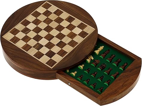 ShalinIndia Magnetic Round Wooden Chess Board and Pieces Set Unique Compact Box
