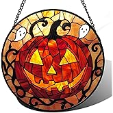 AMDERVEN Stained Glass Window Hanging - Halloween Decorations Evil Pumpkin Orange Suncatcher for Doors Garden Indoor Funny Spooky Sun Catchers Gothic Decor Horror Gifts for Women Men Friend 6.3 in