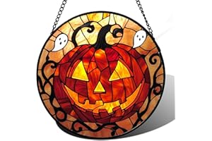 AMDERVEN Stained Glass Window Hanging - Halloween Decorations Evil Pumpkin Orange Suncatcher for Doors Garden Indoor Funny Spooky Sun Catchers Gothic Decor Horror Gifts for Women Men Friend 7.8 in
