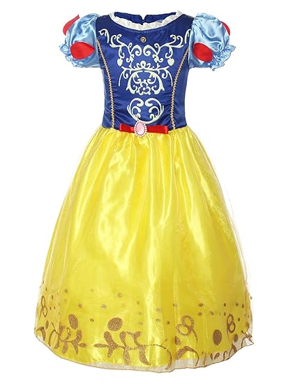ReliBeauty Mädchen Kurzarm Prinzessin Kleid Schneewittchen Retro Muster Puffärmel Falten Kostüme