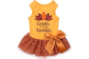Fitwarm Gobble 'til You Wobble Dog Dress, Funny Thanksgiving Outfit for Small Dogs Girl, Festive Pet Clothes, Yellow, Orange, Small