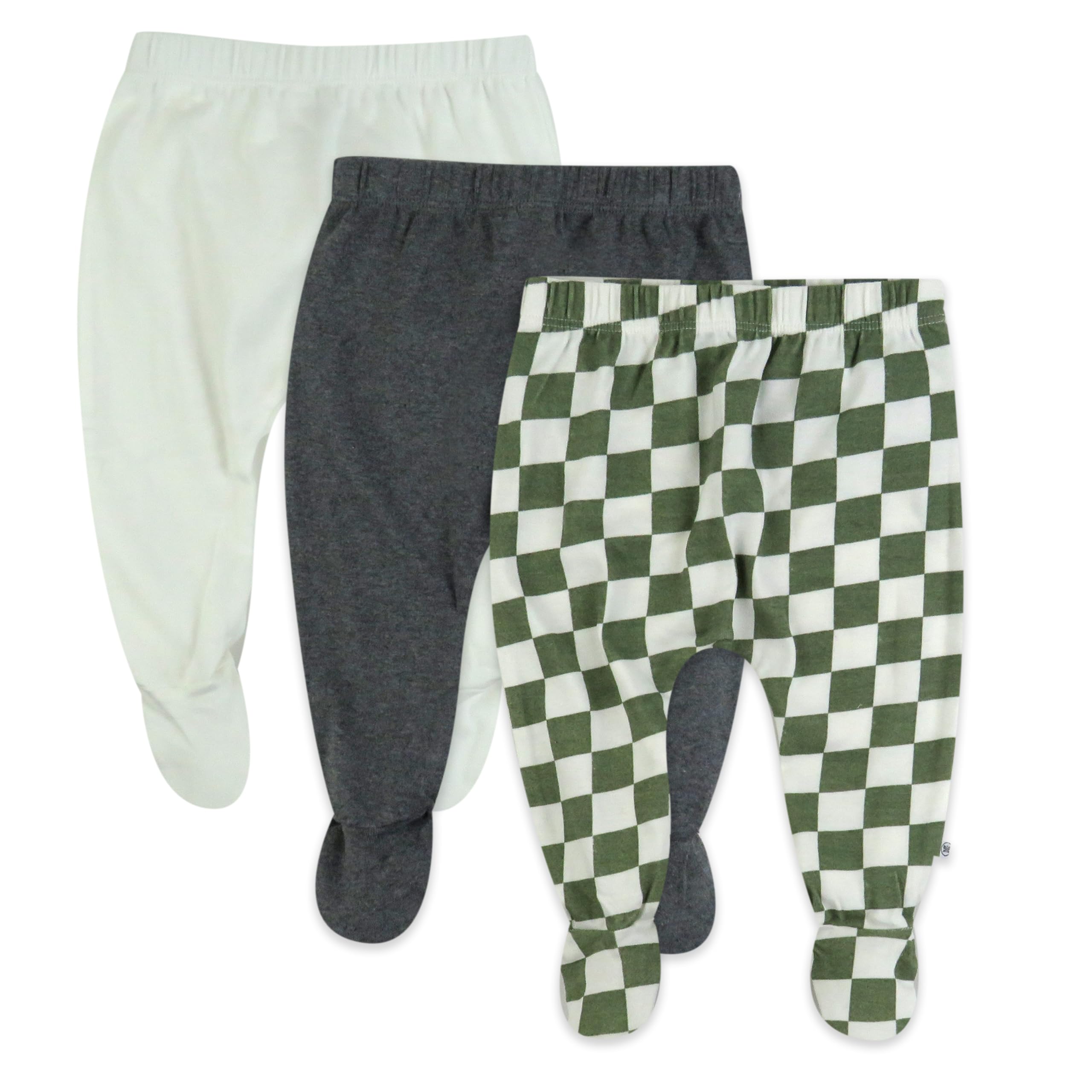 HonestBaby 3-Pack Footed Pants Roomy Fit Pull on Bottoms 100% Organic Cotton for Infant Baby Boys, Girls, Unisex, Olive Checkerboard, 6-9 Months Image