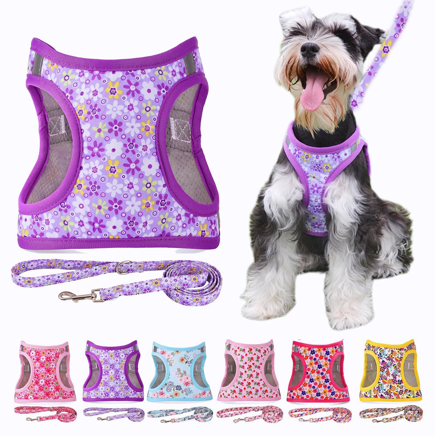 Moonpet Step in Air Dog Harness Leash Set- All Weather Reflective No-Pull Floral Pattern Padded Mesh Vest Harness for Cats Puppy Extra-Small Small Medium Large Dogs - Purple Flower L