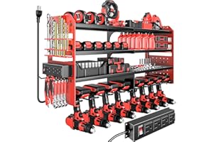 VeyFolzin.st Large Power Tool Organizer Wall Mount with Charging Station, 4 Layer Heavy Duty Metal Cordless Tool Organizer, Tool Storage Rack with 8 Cordless Drill Holder Screwdriver Hammer(Red)