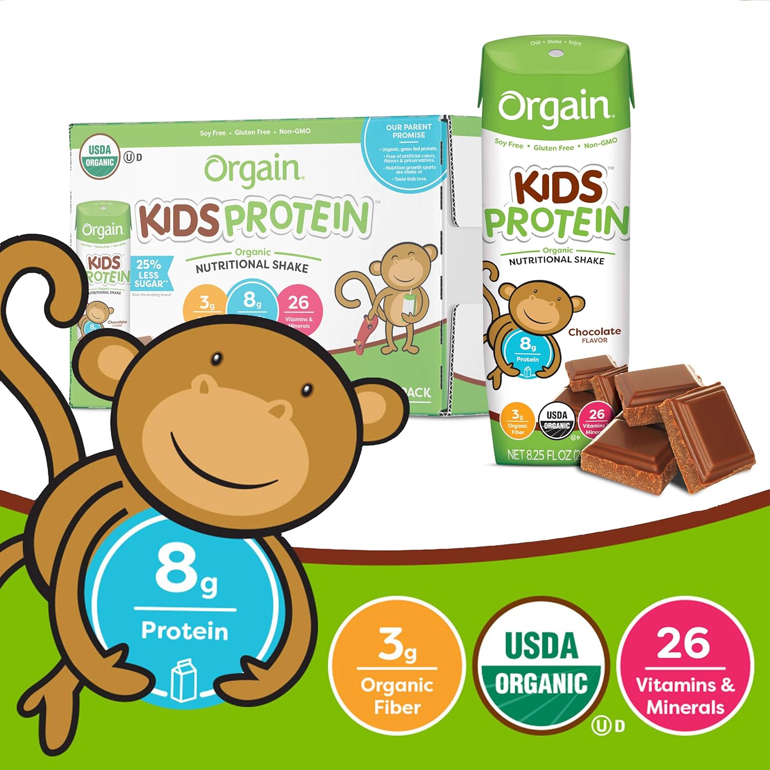 Orgain Organic Kids Protein Nutritional Shake, Chocolate - Great for Breakfast & Snacks, 26 Vitamins & Minerals, 10 Fruits & Vegetables, Gluten Free, 8.25 Ounce, 12 Count (Packaging May Vary) : Meal Replacement Drinks : Grocery & Gourmet Food