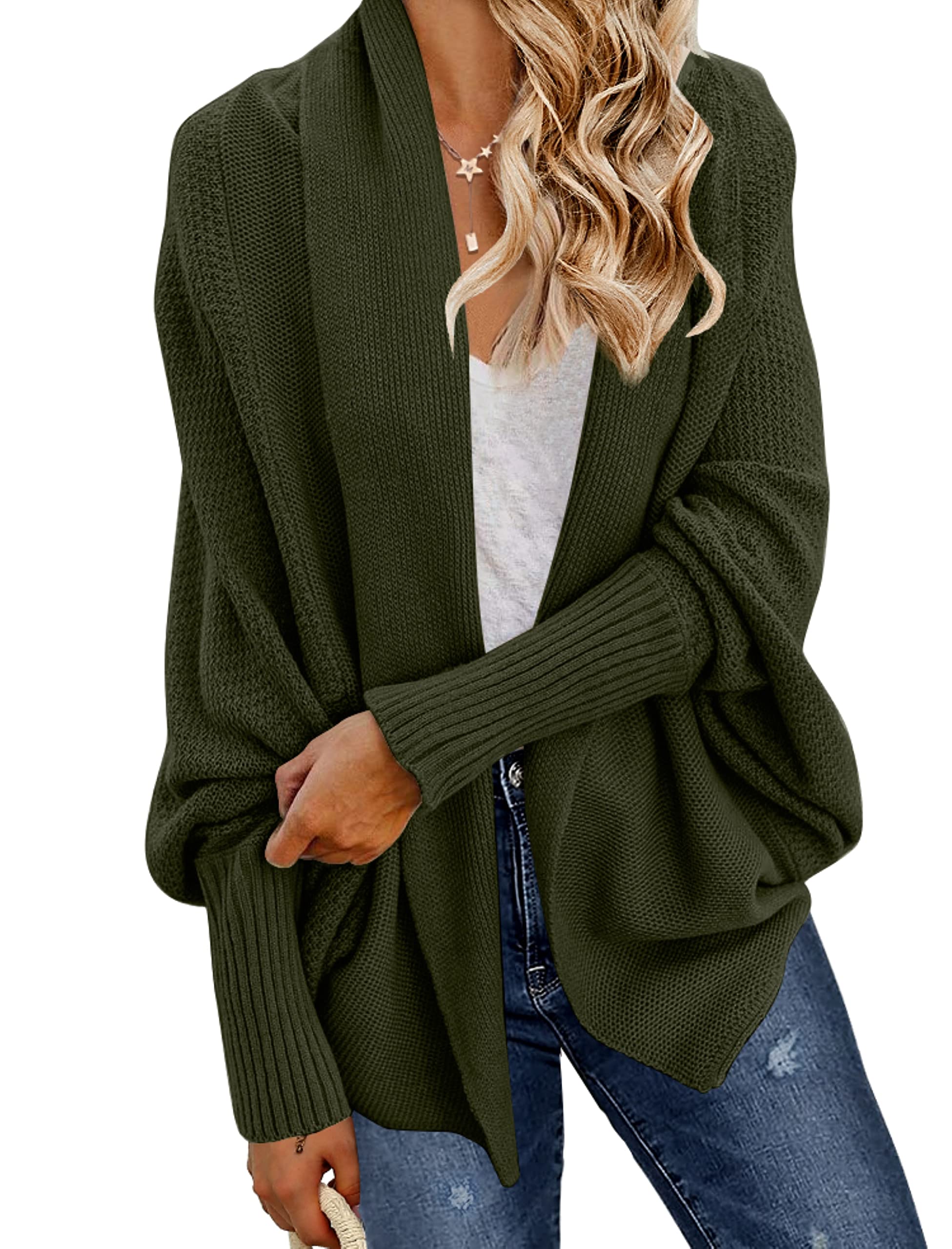 Photo 1 of GRECERELLE Women's Casual Loose Open Front Long Sleeve Solid Color Knit Cardigans Sweater Blouses Army Green-Medium