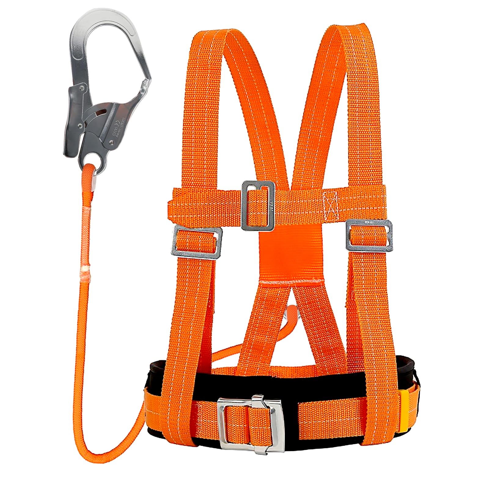 Safety Harness Kits with Lanyard, Full Body Safety Fall Arrest Protection Harness, Adjustable Waist Belt with Thickened Belly Support, Load-Bearing 100KG,for Aerial Work,Climbing,Men (Big Buckle 1.6m)