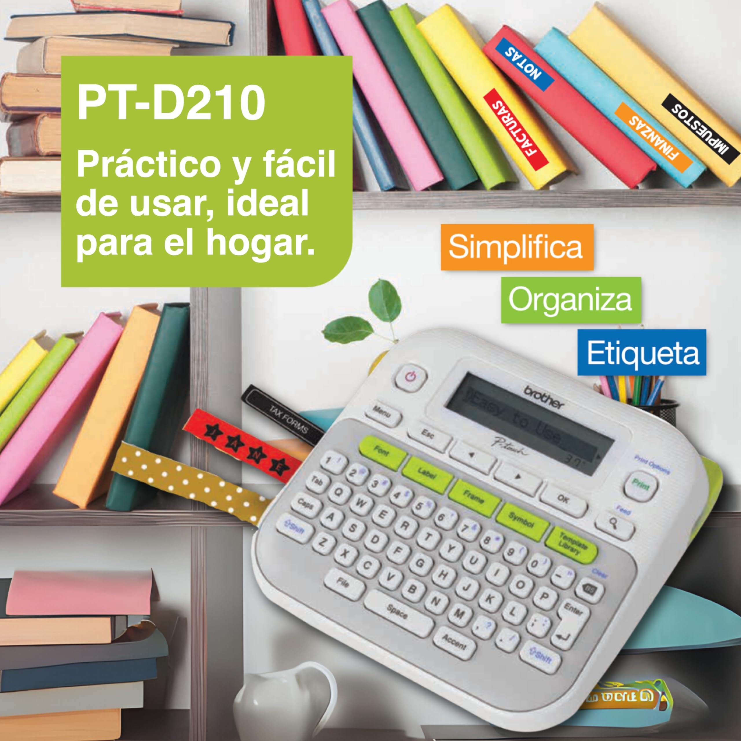 Brother P-touch, PTD210, Easy-to-Use Monochrome Label Maker, One-Touch Keys, Multiple Font Styles, 27 User-Friendly Templates, White