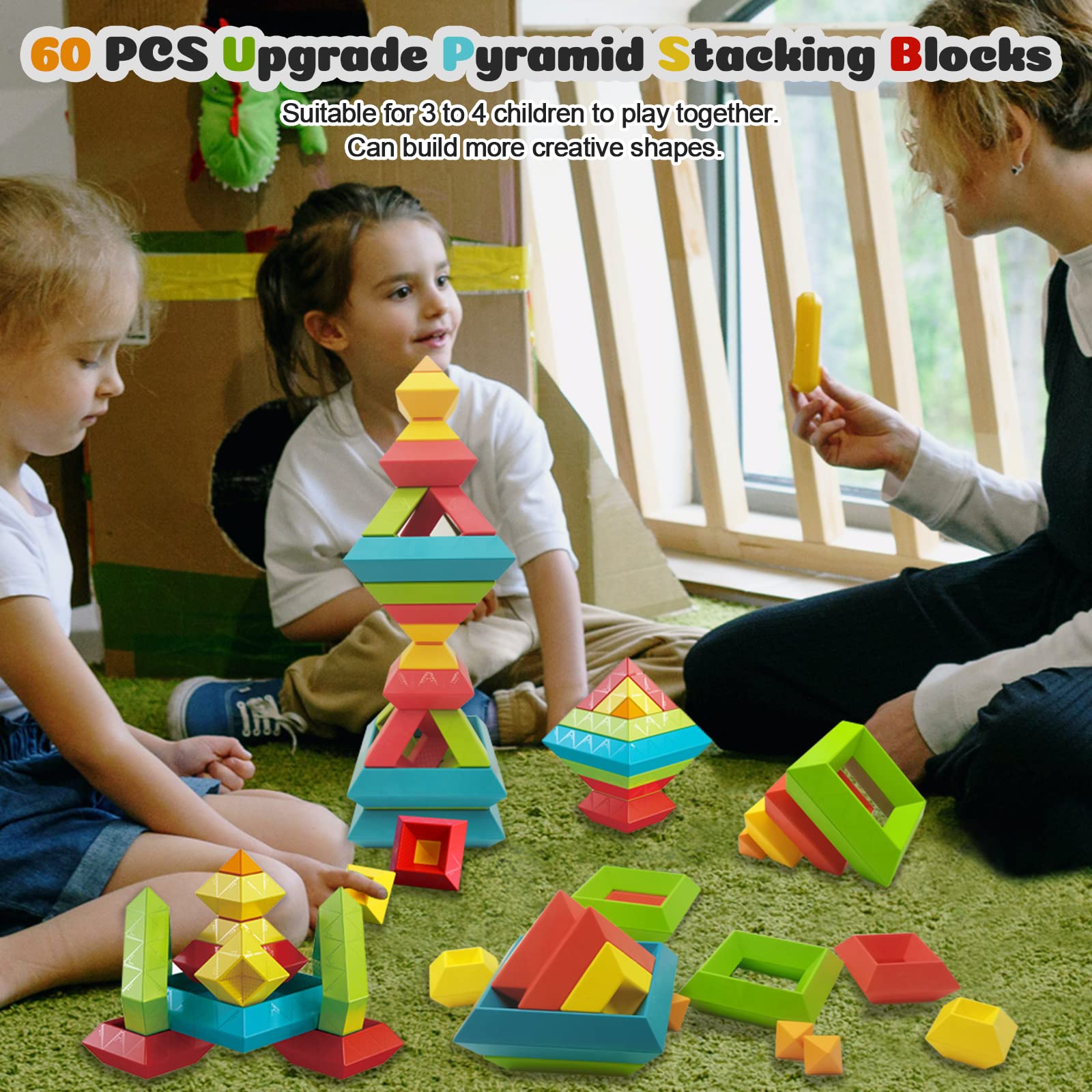 Stacking Toys Building Blocks for Toddlers 60 PCS Montessori Toys for 3 4 5 6 Year Old Sensory Toys Preschool Learning Activities Stem Educational Pyramid Magic Tower Gifts Set for Kids Boys Girls