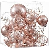 Clear Christmas Ball Ornaments,24ct Shatterproof Plastic Decorative Christmas Ornaments Hanging Xmas Tree Baubles Set with Stuffed Delicate Glittering Decorations for Holiday Party Decor(Rose Gold)