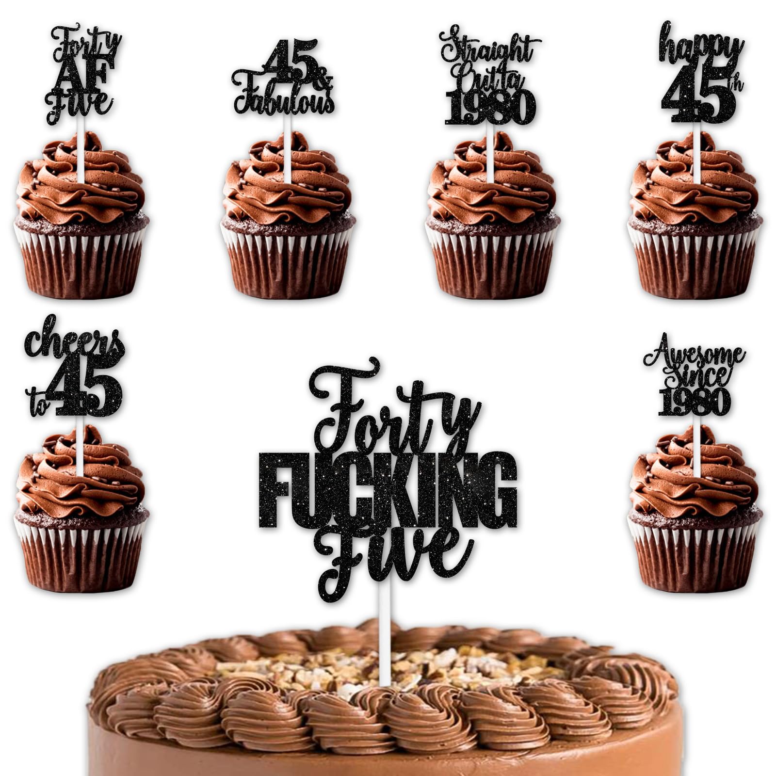Photo 1 of Black Glitter 1pcs Cake Topper 12pcs Cupcake Topper Funny Straight Outta 1980 Theme Party Decorations Men Women Happy 45th Birthday Party Decor Supplies
