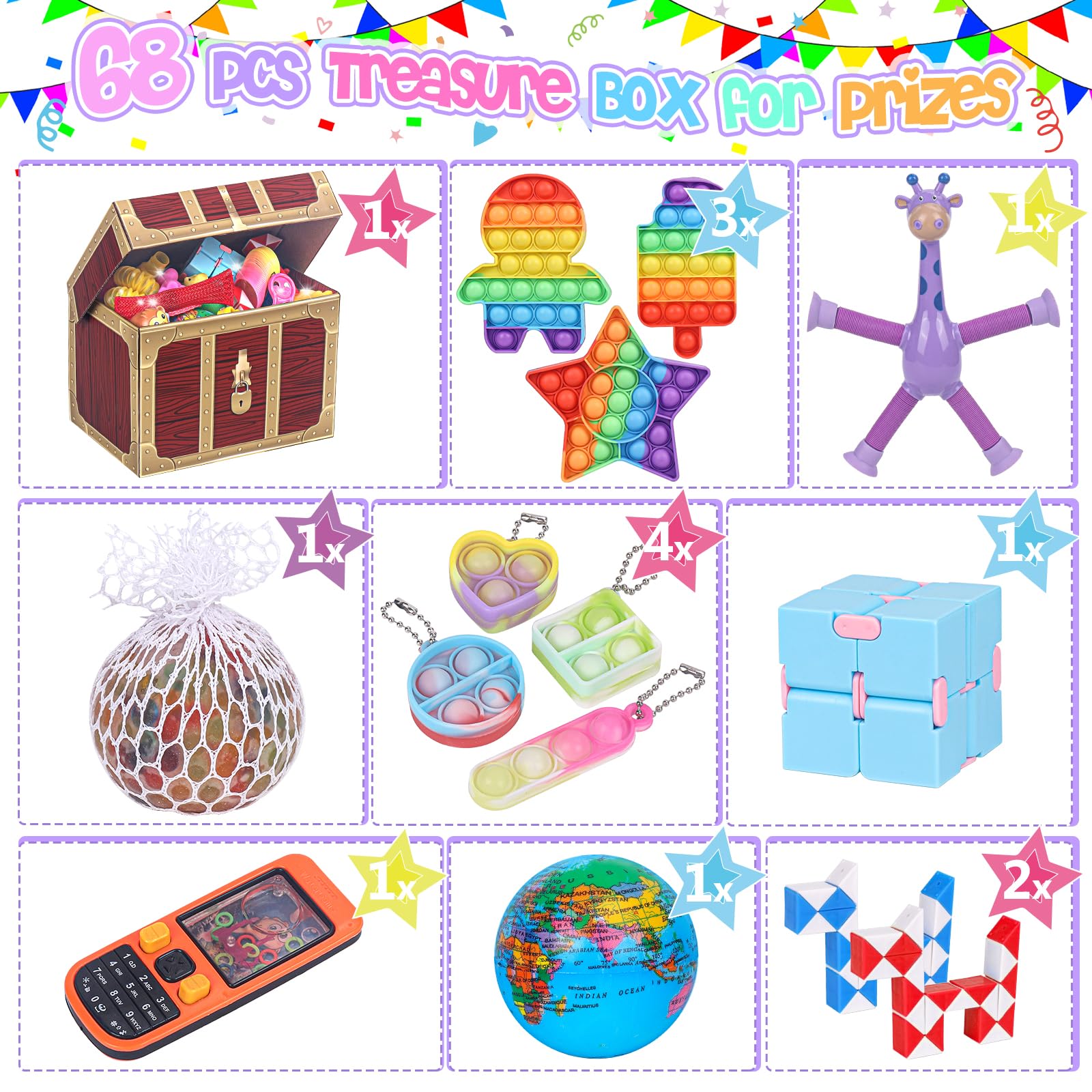 Fidget Toys, 68 Pack Party Favors for Kids, Treasure Box Toys for Classroom Prizes, Sensory Fidget Toys Carnival Prizes, Pinata Filler, Goodie Bag Stuffers Gifts for Kids Age 3 4 5 6 7 8+