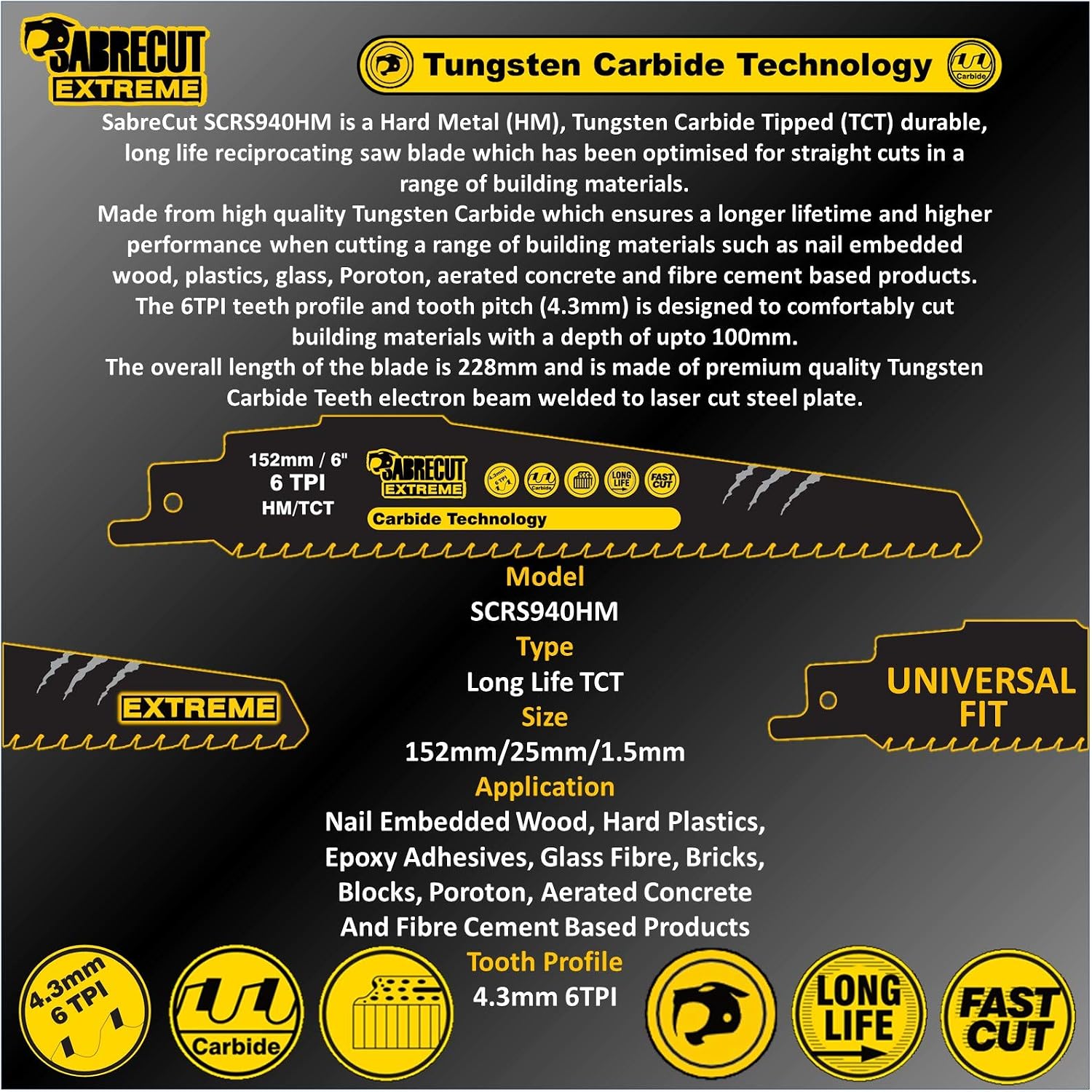 2 x SabreCut SCRS940HM_2 Tungsten Carbide 152mm 6 TPI S940HM Aerated Concrete Brick Plastic and Metal Straight Cutting Reciprocating Sabre Saw Blades - Image 4