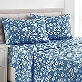 LUX Décor Floral King Sheet Set - 4 Piece Ultra-Soft Microfiber Bed Sheets with Flat Sheet, 16 Inches Deep Pocket Fitted Sheet & Pillowcases, Breathable, Bedroom Decor, Oeko-TEX - Navy Blue