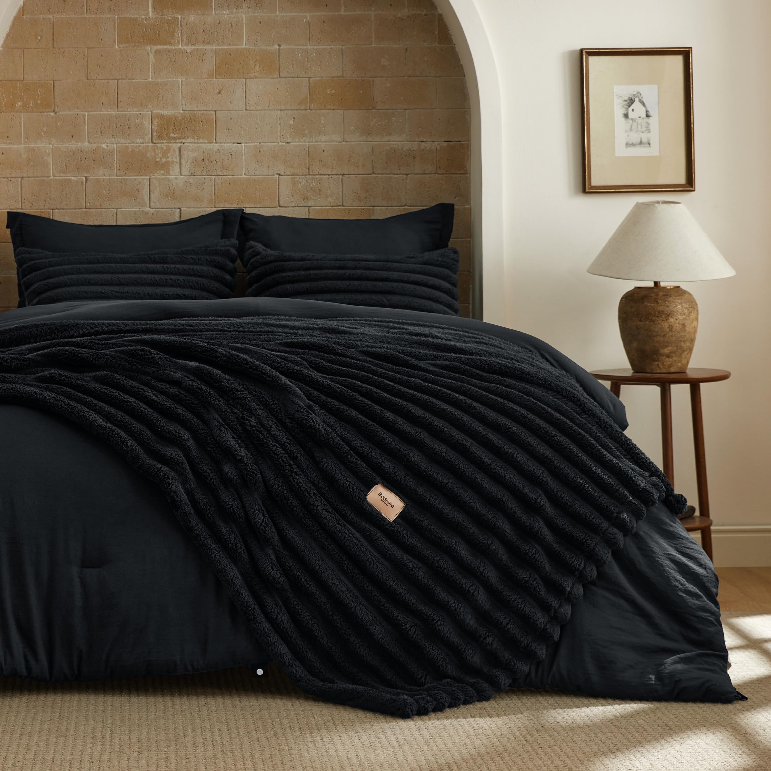 Photo 1 of Bedsure Gentlesoft™ 2-in-1 King Size Comforter Set and Detachable Fluffy Blanket, Black Bedding Set for All Season Use, SnapTech™ Design for Space Saving (Includes 2 Pillow Shams, 2 Pillowcases)