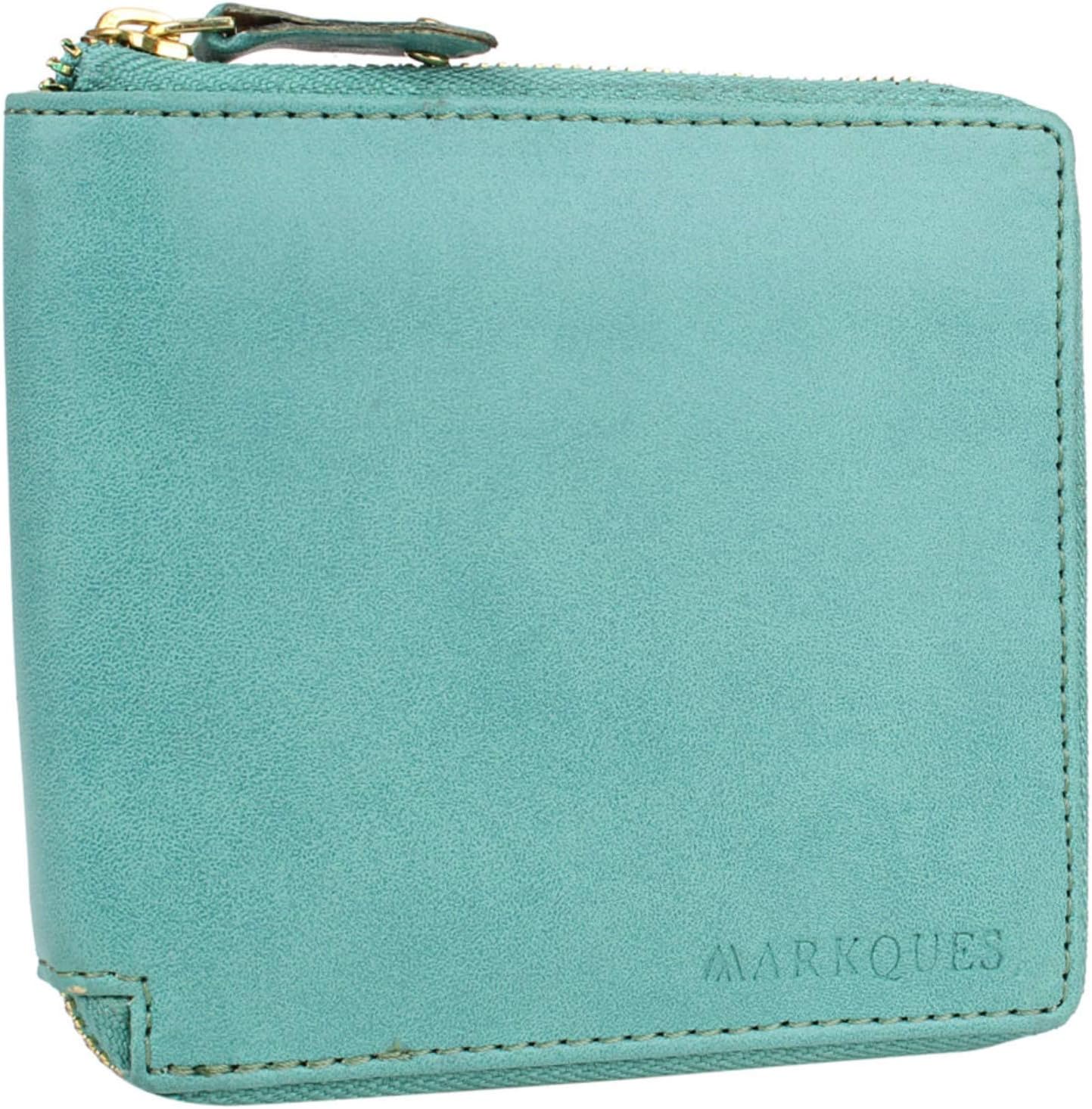 MarkQues Anna Leather Zipper Wallet Purse for Girls Ladies (Anna-4418) (Cyan)