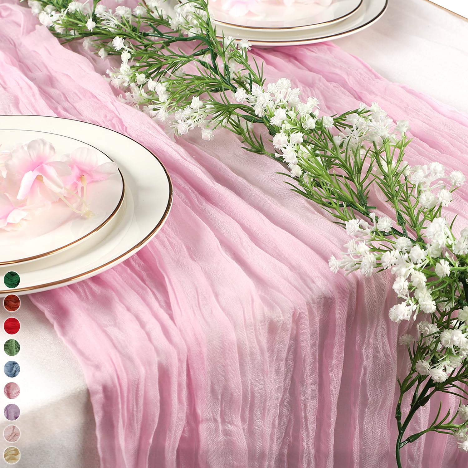 Cekene 1PC Cheesecloth Table Runner Pink 90x400cm Gauze Fabric Table Runner Long Rustic Sheer Tablecloth Runner Washable Table Cloth Decoration for Wedding Holiday Party Baby Bridal Shower Arch