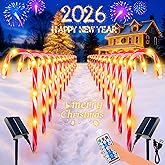 BOSSERN Upgraded 24 Pack Candy Cane Solar Christmas Lights Waterproof, Rechargeable Pathway Lights with Remote, Solar Powered & USB Charging Christmas Decorations Outdoor for Garden Lawn Yard Party