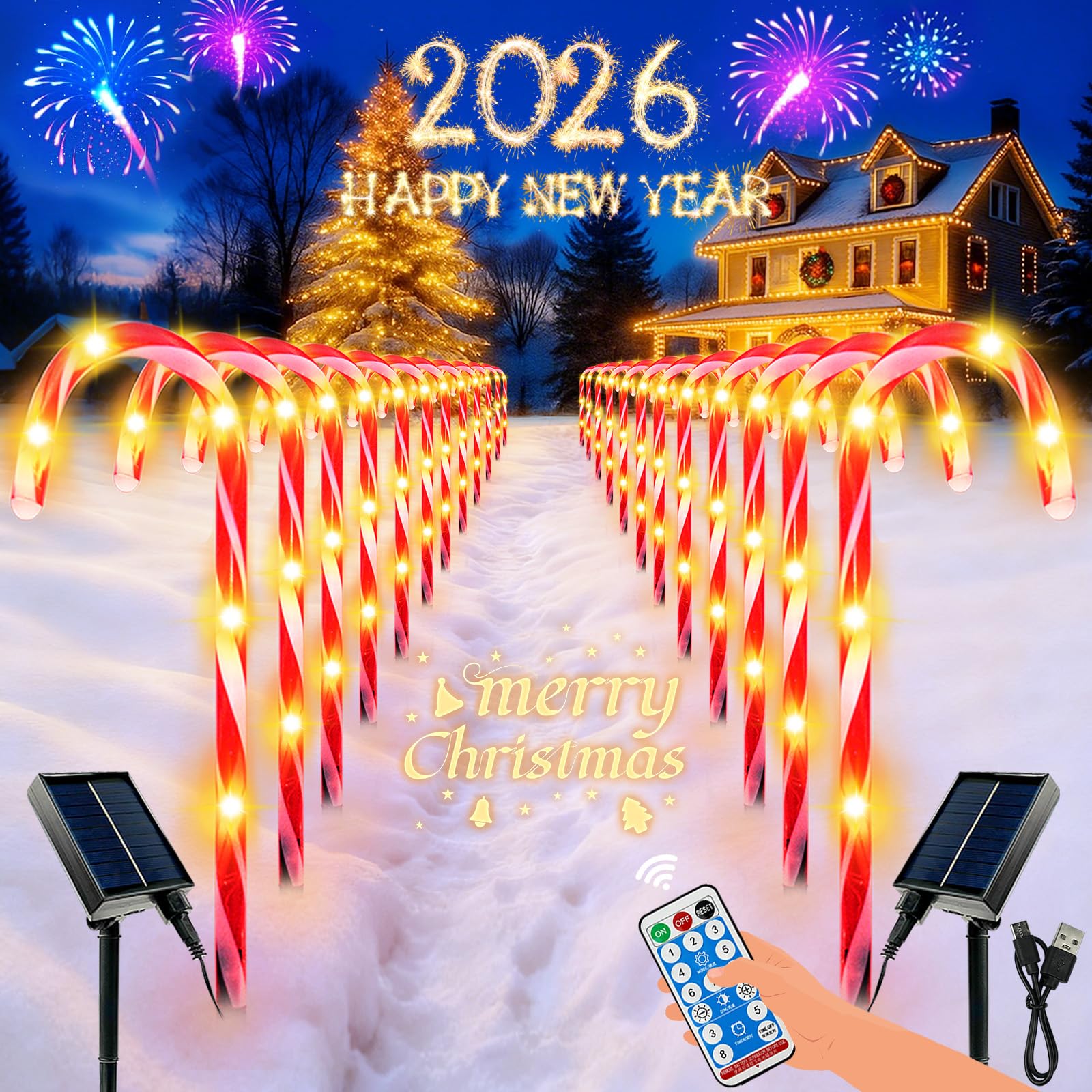 Photo 1 of BOSSERN Upgraded 24 Pack Candy Cane Solar Christmas Lights Waterproof, Rechargeable Pathway Lights with Remote, Solar Powered & USB Charging Christmas Decorations Outdoor for Garden Lawn Yard Party