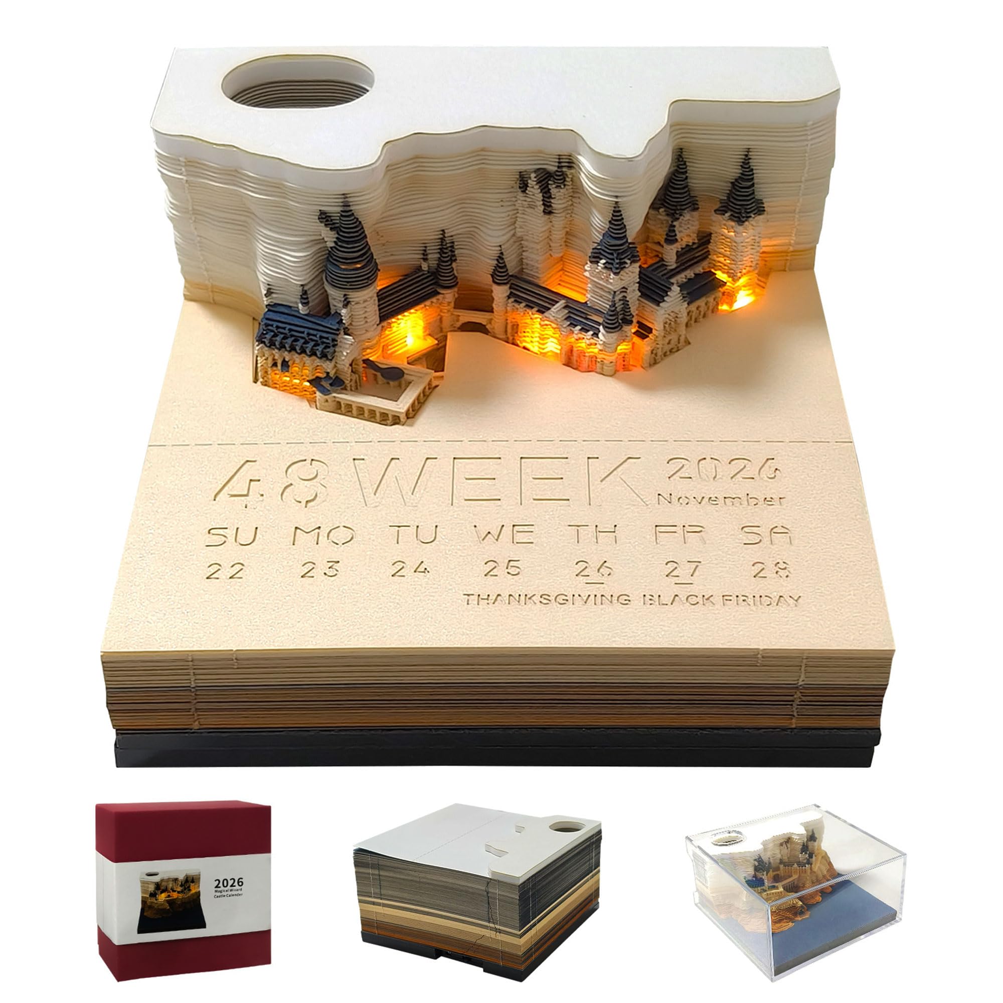 Time Piece Calendar 2026-2026 Desk Calendar With LED Light - 3D Calendar Paper Carving Art Memo Pad Notepad for Christmas Housewarming Desktop Decoration