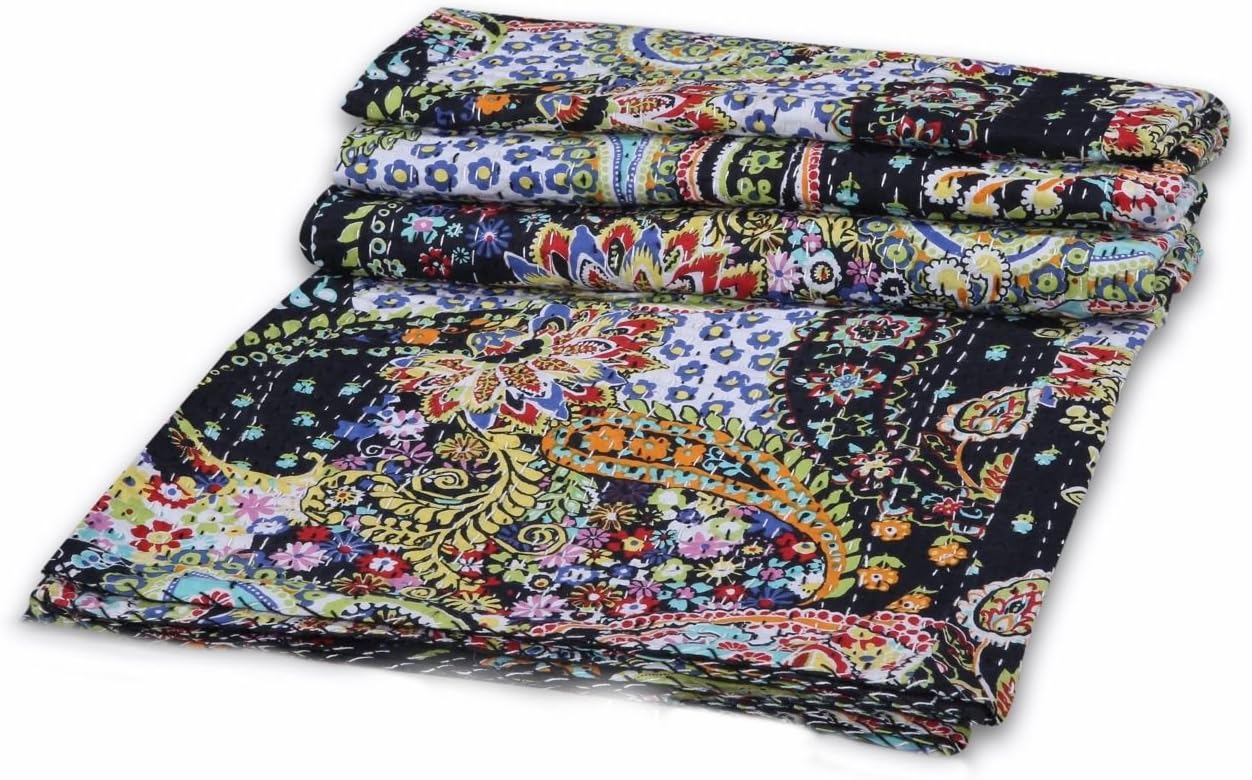 Yuvancrafts Indian Cotton Kantha Quilt Traditional Screen Print Twin Quilt Blanket Bedspreads Throw (Black Paisley)