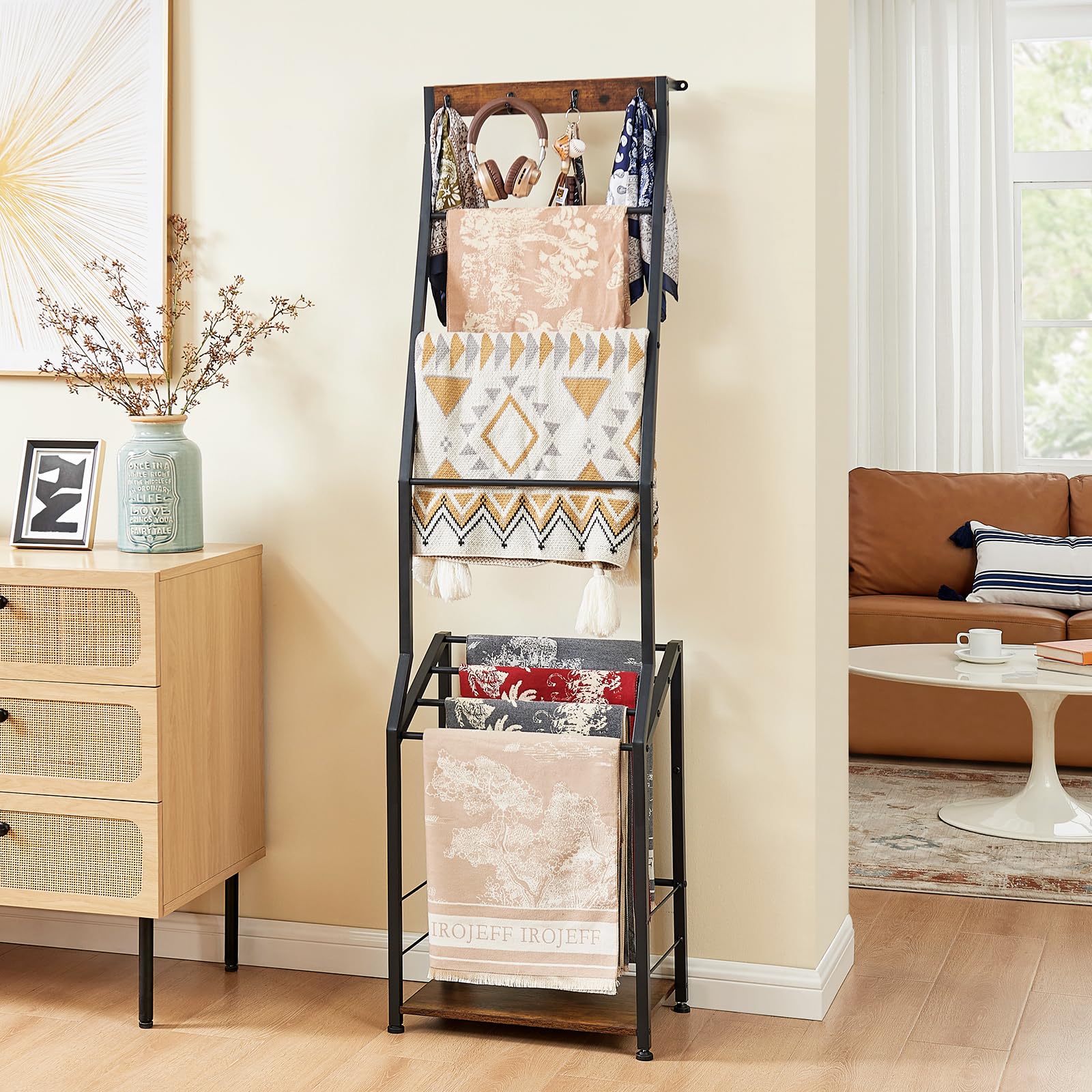 Photo 1 of Pinzoveco Blanket Ladder, 7 Tier Blanket Ladders for The Living Room,Wooden Ladder Shelf with Hooks, 5.5ft Blanket Holder Rack Farmhouse Ladder Rack for Storage and Home Decor, Rustic Brown and Black