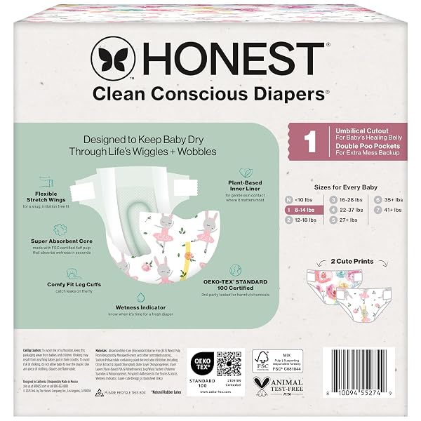 THE HONEST COMPANY COMFORT DRY DISPOSABLE DAYTIME DIAPERS FOR SENSITIVE SKIN, HYPOALLERGENIC, ROSE BLOSSOM + TUTU CUTE, CLUB BOX SIZE 1 (8–14 LBS), 78 COUNT