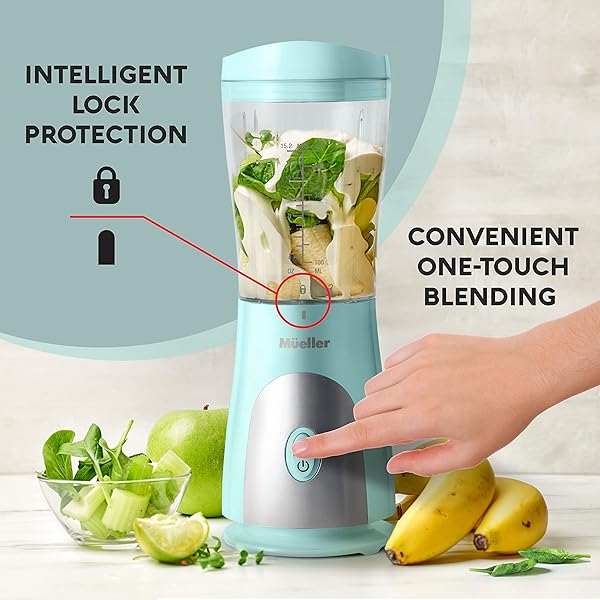 MUELLER PERSONAL BLENDER FOR SHAKES AND SMOOTHIES WITH 15 OZ TRAVEL CUP AND LID, JUICES, BABY FOOD, HEAVY-DUTY PORTABLE BLENDER & FOOD PROCESSOR, TURQUOISE