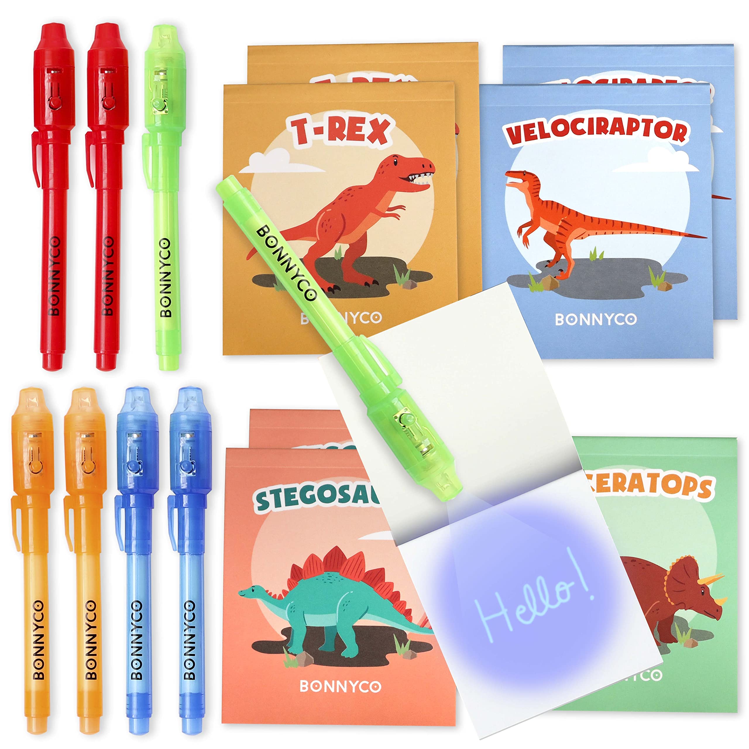 BONNYCO Invisible Ink Pen and Notebook, Pack 8 Dinos Party Bags Filler and Pinata Toys. Dinosaurs Birthday Decorations, Stocking Fillers for Kids Birthday. School Prizes, Gifts for Children