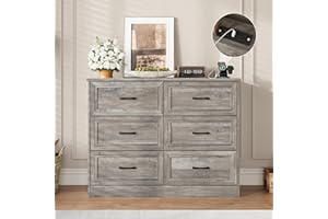 BonVache Wooden Dresser for Bedroom, Farmhouse 6 Drawer Dresser with Charging Station and Metal Handles for Hallway/Living Ro
