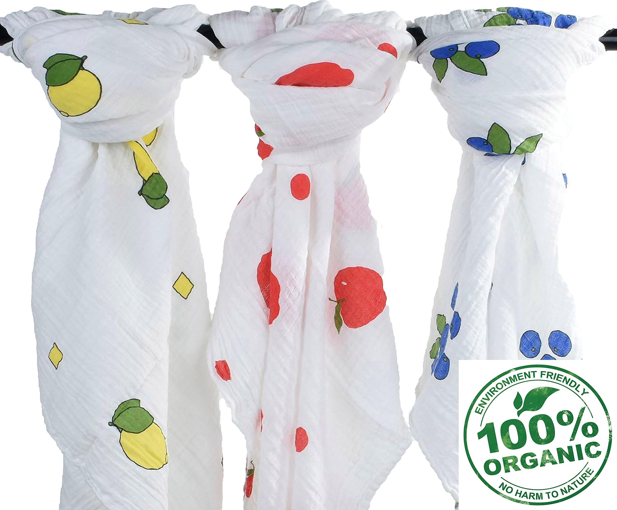 Extra Large and Soft 100% Organic Muslin Swaddle Blankets,3 Beanie Hats, 15 Milestone Stickers, 2 Stroller Clips and 1 BPA Free Newborn Pacifier