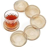 Vintage Glass Coasters, GOH DODD Set of 6 Crystal Coasters Tabletop Protection for Drinks, Home Decor, Kitchen, Living Room, Patio, Wedding, Party, Housewarming Gifts, Amber, Gold