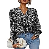 HOTOUCH Womens Long Sleeve Tops Boho Floral Printed Blouses Casual V Neck Pleated Drawstring Peasant Shirts