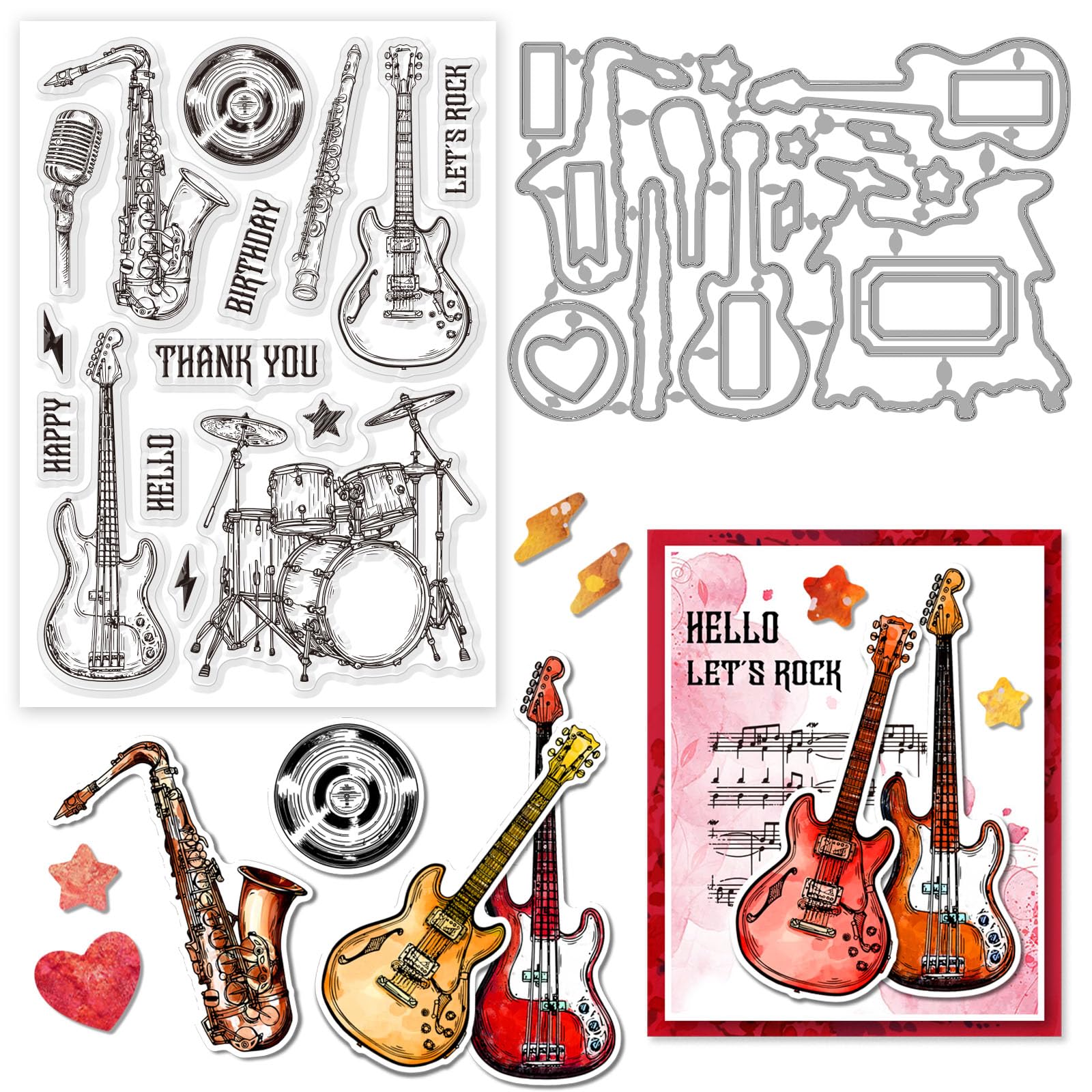 GLOBLELAND Musical Instrument Clear Stamps and Cutting Dies Silicone Clear Stamps Cards and Metal Die Cuts for Card Making and DIY Embossing Scrapbooking
