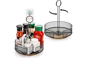 Yesland 2 Pack Metal Rotating Condiment Caddy with Number Card Holder, 7.75 Inch Round Table Caddy with Wooden Base Black Coa