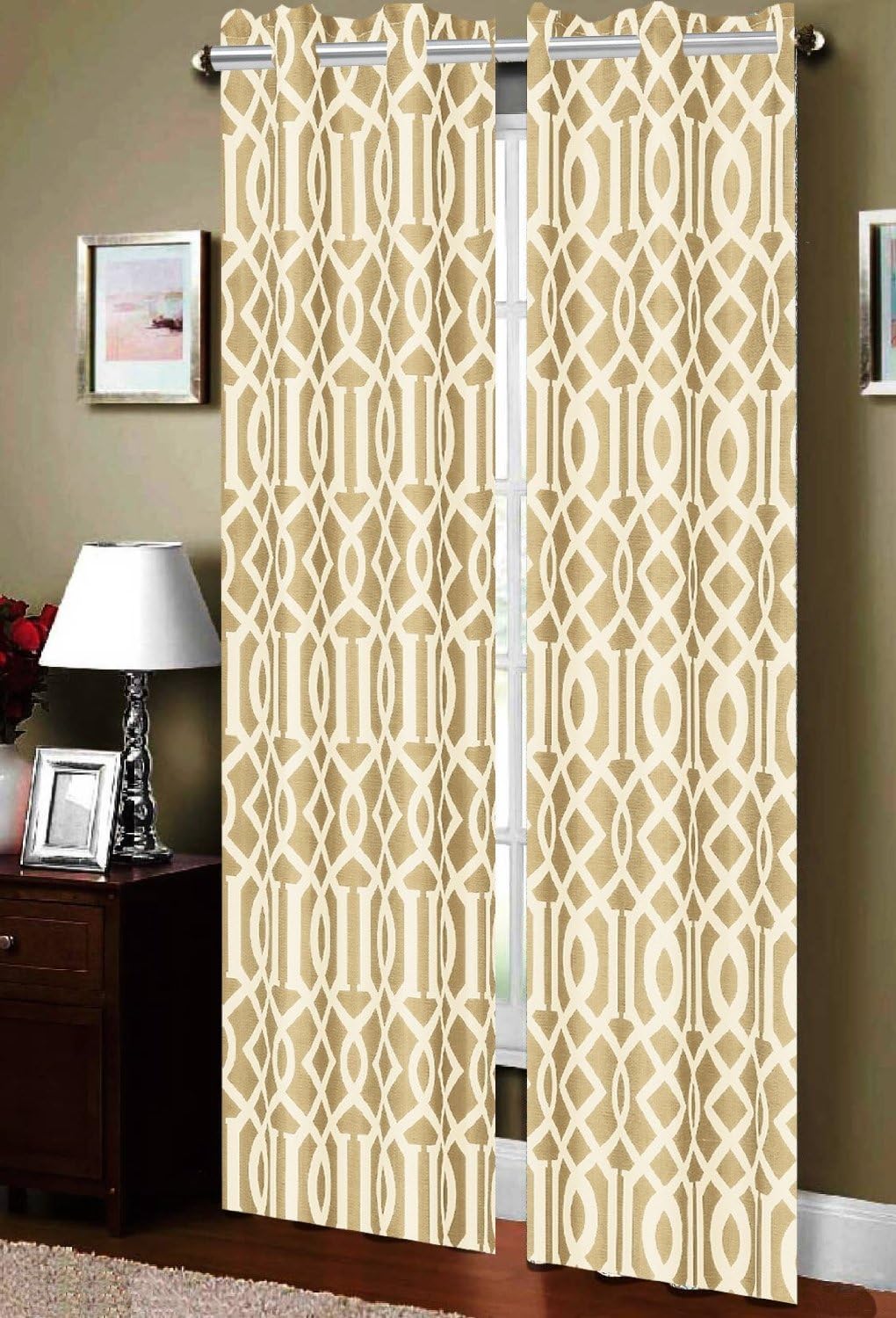 CELINE LINEN Luxury Geometric Linen Look Printed Window Curtains/Panel/Drape with Grommets (Set of 2), Light Coffee
