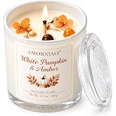 Pumpkin &amp; Amber Scented Candle, 11.3 Oz Soy Wax Fall Candle Gift for Women | Up To 75 Hours, Long Burning Aromatherapy, Home Fragrance, Autumn Decor, Crystals, Dried Botanicals, Thanksgiving, Christmas