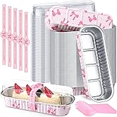 Tioncy 100 Pcs Mini Loaf Pans with Lids Spoons Sealing Stickers, Mini Cake Pans, Aluminum Foil Baking Bread Containers, Bakery Party Supplies 6.8oz for Wedding Birthday Party (Bow)